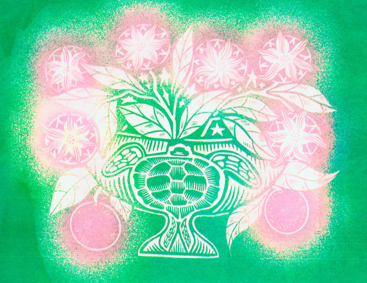 Orange Blossom Turtle Risograph Print