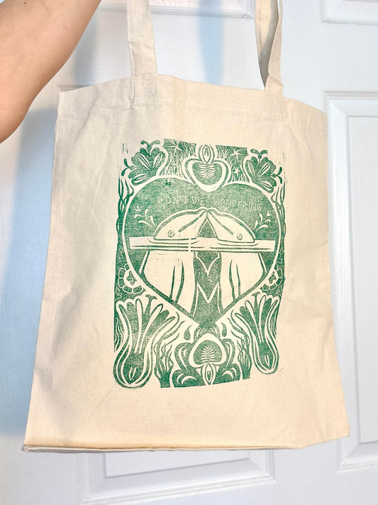 Pre order: DON'T DIE WONDERING Linocut Totes